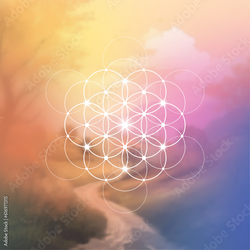 Flower of life. Tree of life. Sacred geometry spiritual new age futuristic illustration with transmutation interlocking circles, triangles and glowing particles