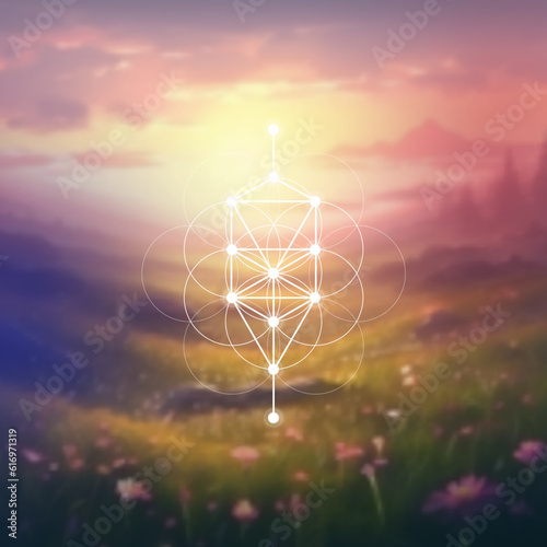 Flower of life. Tree of life. Sacred geometry spiritual new age futuristic illustration with transmutation interlocking circles, triangles and glowing particles