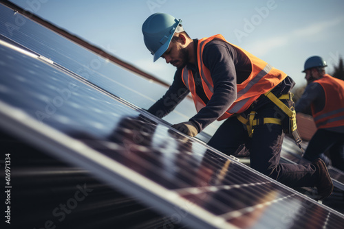 An eco friendly solar panel being fitted to a residential roof by an engineer