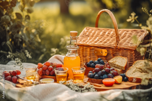 Picnic set in nature with display of fruit, cheese, honey and other delicious food on picnic blanket. Generative AI
