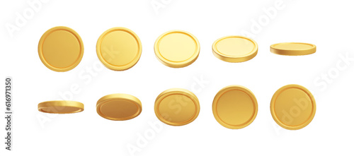 Set of golden coins from different angles, 3D rendering. Spinning gold coin in different views. Payment, investment, bank, finance, money symbol isolated on white background
