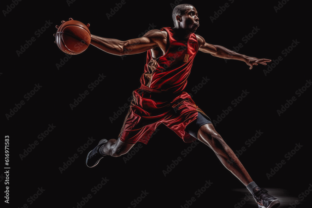 Obraz premium african american basketball player shooting a basketball into the hoop, very athletic looking, in jumping. Generative AI