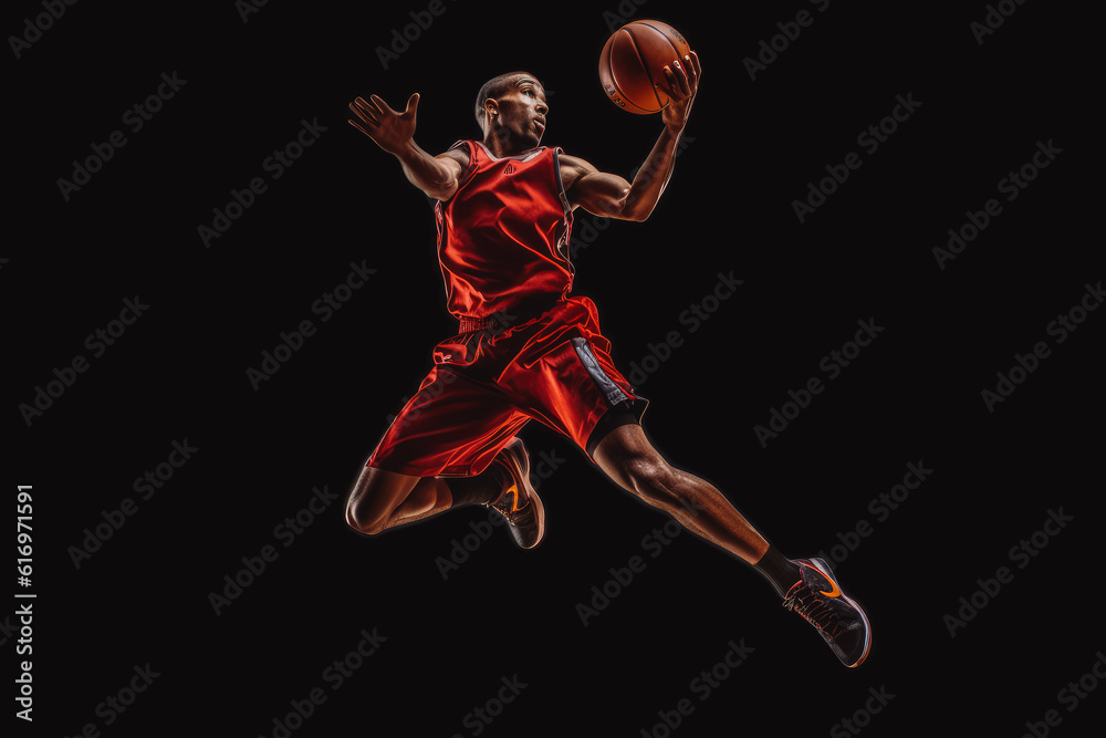 african american basketball player shooting a basketball into the hoop, very athletic looking, in jumping. Generative AI