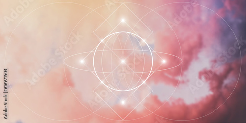 Sacred geometry spiritual new age futuristic illustration with interlocking circles, triangles and glowing particles. Formula of nature.