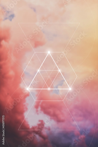 Sacred geometry spiritual new age futuristic illustration with interlocking circles, triangles and glowing particles. Formula of nature.
