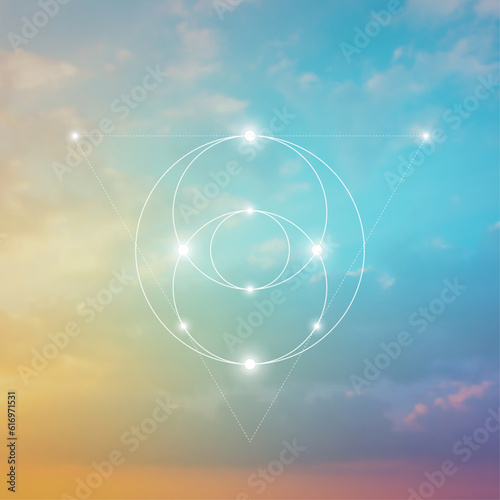 Sacred geometry spiritual new age futuristic illustration with interlocking circles, triangles and glowing particles. Formula of nature.