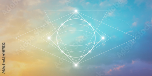Sacred geometry spiritual new age futuristic illustration with interlocking circles, triangles and glowing particles. Formula of nature.