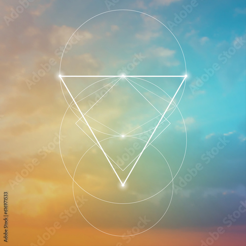 Sacred geometry spiritual new age futuristic illustration with interlocking circles, triangles and glowing particles. Formula of nature.