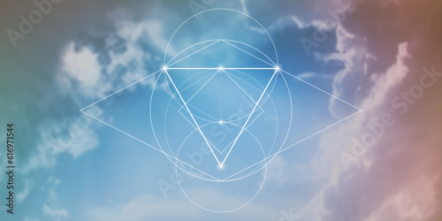 Sacred geometry spiritual new age futuristic illustration with interlocking circles, triangles and glowing particles. Formula of nature.