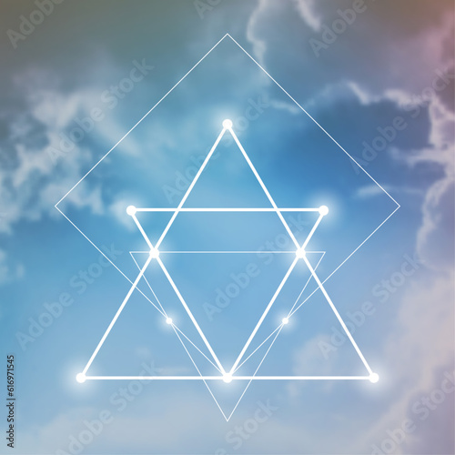 Sacred geometry spiritual new age futuristic illustration with interlocking circles, triangles and glowing particles. Formula of nature.