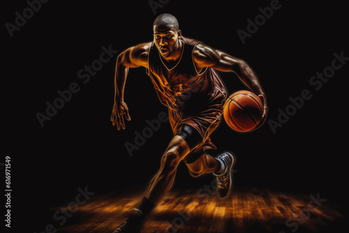 african american basketball player shooting a basketball into the hoop, very athletic looking, in jumping. Generative AI © VisualProduction