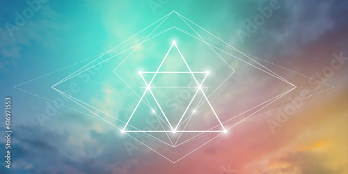 Sacred geometry spiritual new age futuristic illustration with interlocking circles, triangles and glowing particles. Formula of nature.
