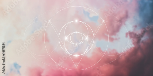 Sacred geometry spiritual new age futuristic illustration with interlocking circles, triangles and glowing particles. Formula of nature.