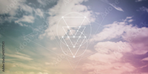 Sacred geometry spiritual new age futuristic illustration with interlocking circles, triangles and glowing particles. Formula of nature.