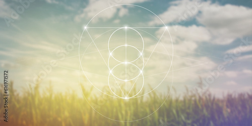 Sacred geometry spiritual new age futuristic illustration with interlocking circles, triangles and glowing particles. Formula of nature.