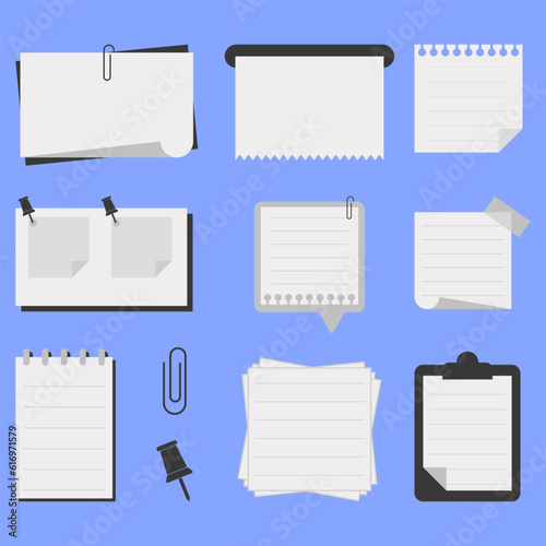 Set of Cool Vector Paper Notes, Thumbtack and Clip.