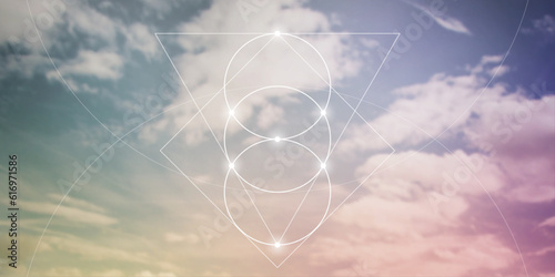Sacred geometry spiritual new age futuristic illustration with interlocking circles, triangles and glowing particles. Formula of nature.