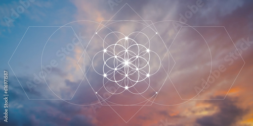 Flower of life. Sacred geometry spiritual new age futuristic illustration with interlocking circles, triangles and glowing particles. Formula of nature.