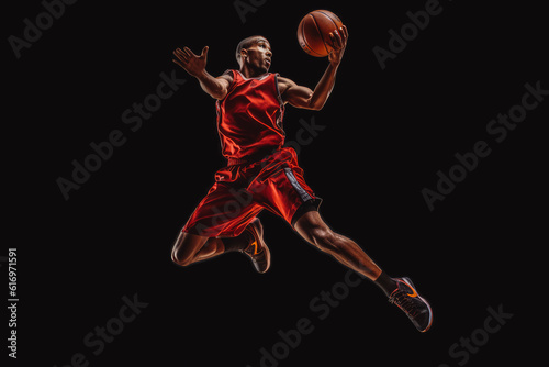 african american basketball player shooting a basketball into the hoop, very athletic looking, in jumping. Generative AI