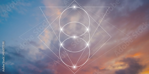 Sacred geometry spiritual new age futuristic illustration with interlocking circles, triangles and glowing particles. Formula of nature.