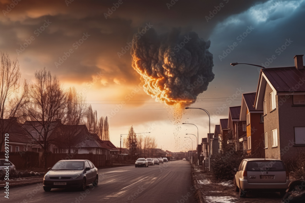 Meteorite falling on a residential neighborhood, start of a catastrophe, end of the world. Generative AI