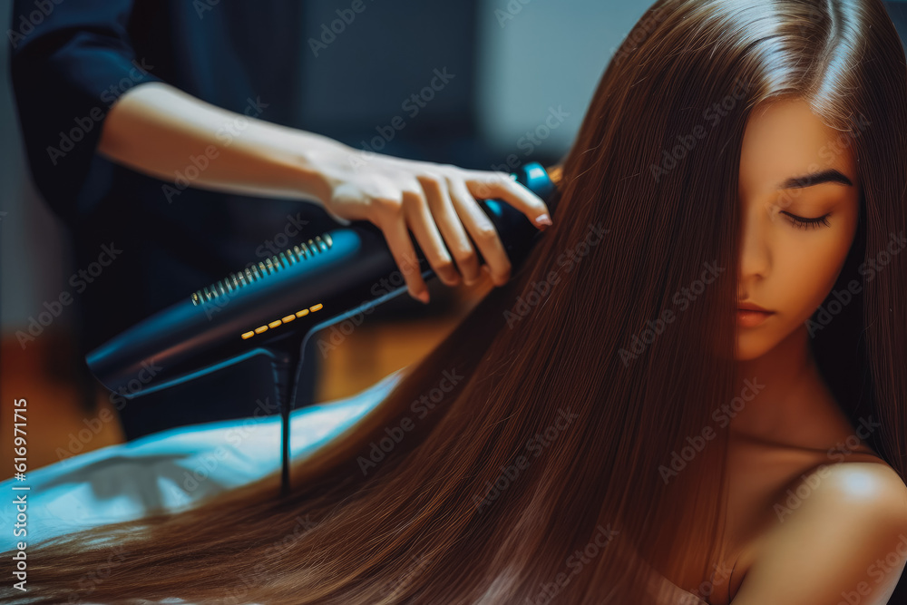 Fototapeta premium Beautiful young woman getting a fresh hair style in the salon, looking good, feeling happy. Generative AI