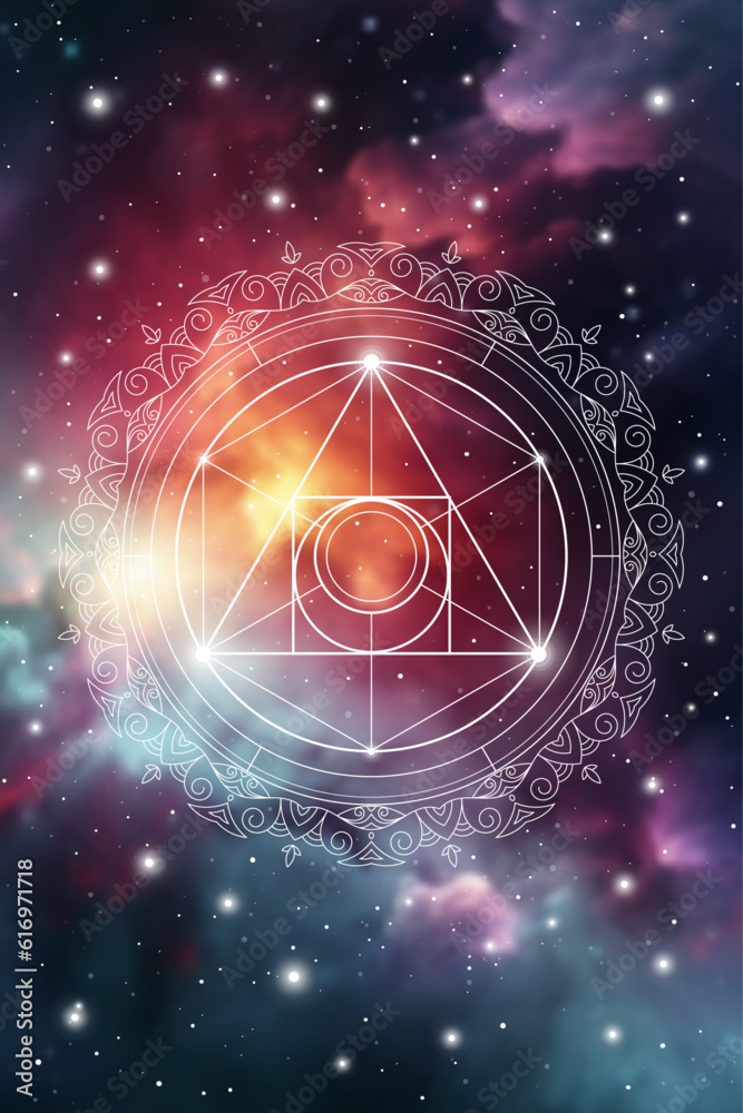 Sacred geometry zentangle inspired design template with oriental tribal ornaments. Philosopher stone ornamental new age art.  Meditation symbol in front of natural background.