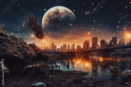 Meteorites falling on metropolis, dramatic apocalypse, end of the world. Generative AI