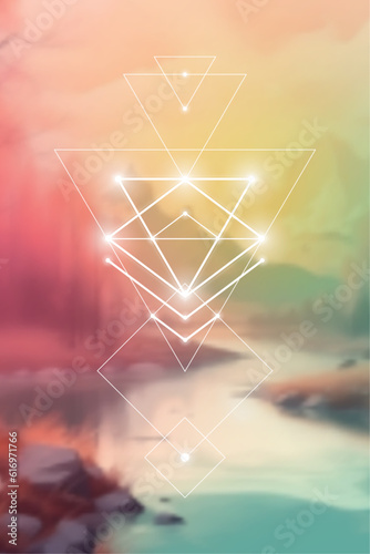 Sacred geometry spiritual new age futuristic illustration with transmutation interlocking circles, triangles and glowing particles