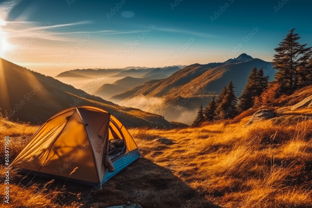 Tent in the mountains with a beautiful sunrise in the background. Generative AI