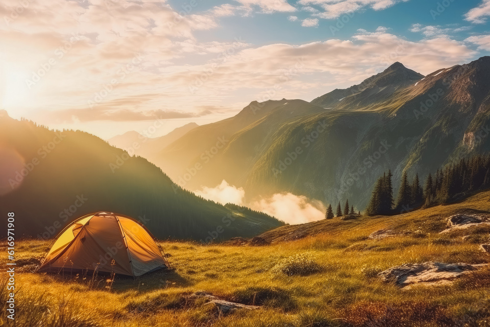 Tent in the mountains with a beautiful sunrise in the background. Generative AI