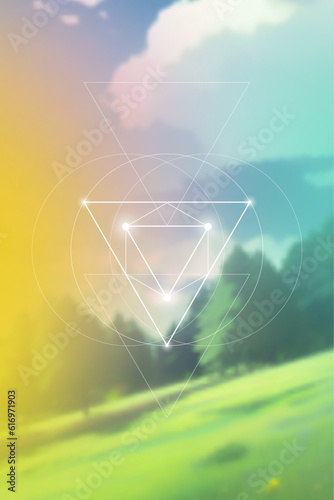 Sacred geometry spiritual new age futuristic illustration with transmutation interlocking circles, triangles and glowing particles