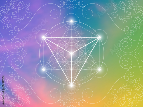Sacred geometry zentangle inspired design template with oriental tribal ornaments. Merkabah ornamental new age art.  Meditation symbol in front of natural background.