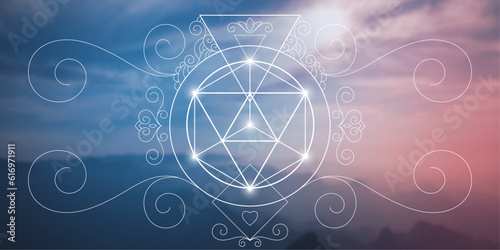 Sacred geometry zentangle inspired design template with oriental tribal ornaments. Merkabah ornamental new age art.  Meditation symbol in front of natural background.