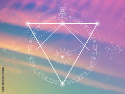 Sacred geometry zentangle inspired design template with oriental tribal ornaments. Geometric ornamental new age art.  Meditation symbol in front of natural background.