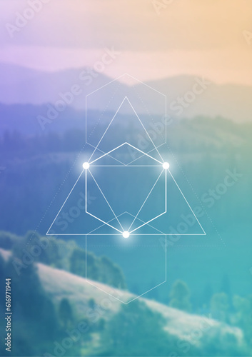 Sacred geometry spiritual new age futuristic illustration with transmutation interlocking circles, triangles and glowing particles