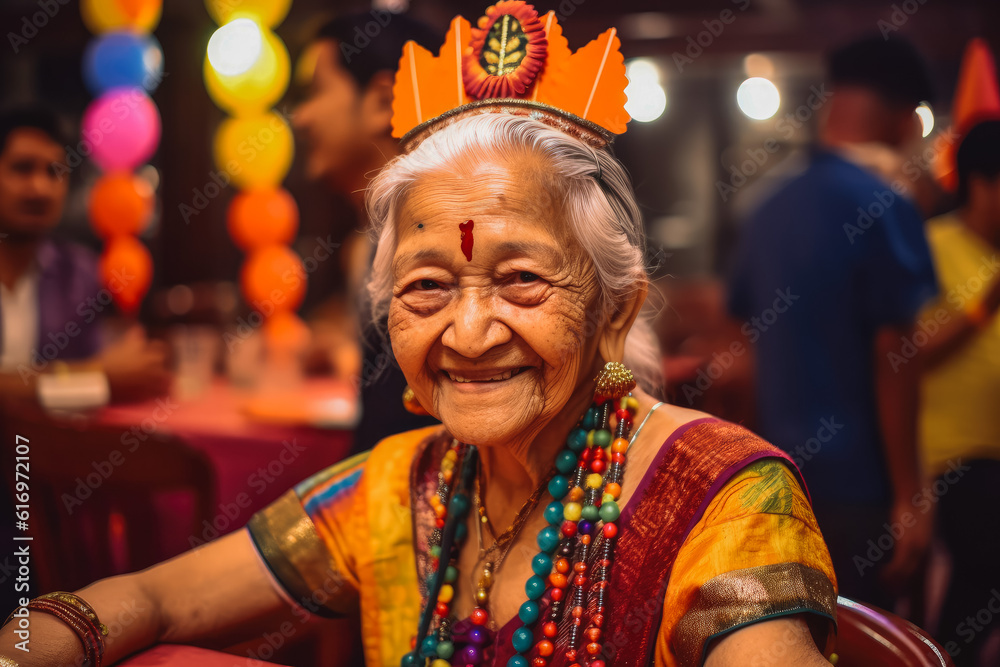 Elderly senior indian woman surprised at birthday party, surprise birthday party, happy celebration. Generative AI