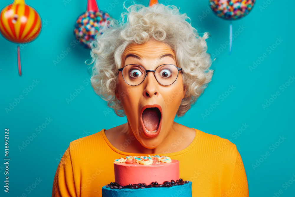 Elderly senior woman surprised at birthday party, surprise birthday