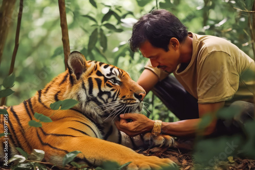 Veterinarian examining a tiger and his health condition, wild animal check up, sick animal. Generative AI © VisualProduction