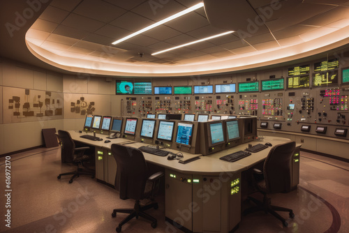 Factory control room center monitoring everything, security precaution. Generative AI