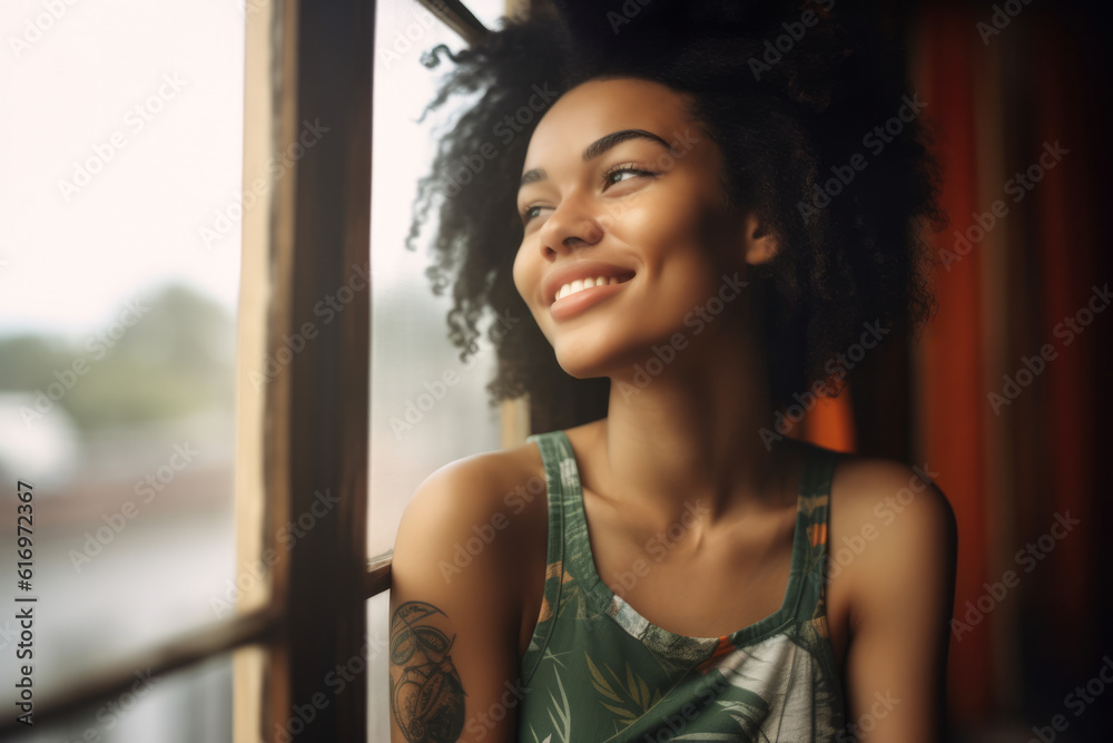 Close up of an African American woman contemplating a summer scene from her window. Generative AI Close up of an African American woman contemplating a summer scene from her window. Generative AI