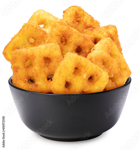 Hash Browns in black bowl isolated on white background, Crispy Hash Browns on white With clipping path.