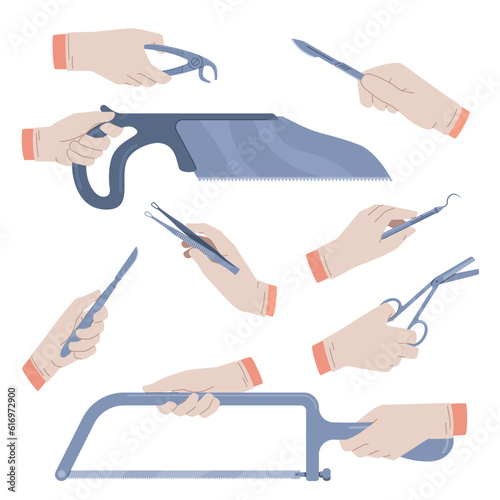 Hands in medical gloves hold surgical instruments. Flat steel tweezers, lancets, clamps and expanders, cutting operation process, steel tools for surgeon, doctor equipment nowaday vector set photo