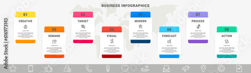 Modern vector infographics with 8 rectangles. Business template with graphic eight steps for diagram, web, banner, presentations, flowchart, content, levels, chart, graphic, timeline