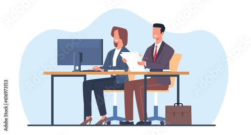 Happy couple man and woman work together, sitting at same desk with large monitor. People working at home or office, employees collaboration cartoon flat style isolated vector concept