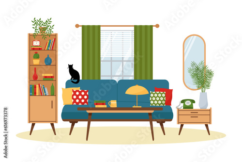 Vintage living room interior with wardrobe and sofa. Retro furniture set in 60s style. Flat vector illustration.
