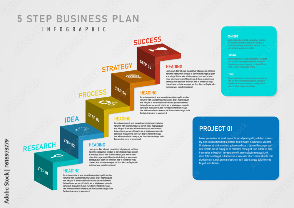 Fototapeta premium 3D multi colored square stair step infographics 5 Steps to Successful Business Planning Isometric white icons on the top right with colored frames placed lettering. gray gradient background