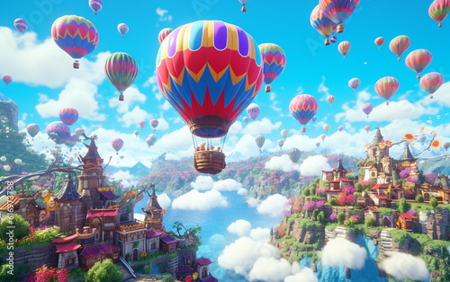 Hot air balloons. Above, hot air balloons evoking the urban landscapes of medieval Europe. Generative AI