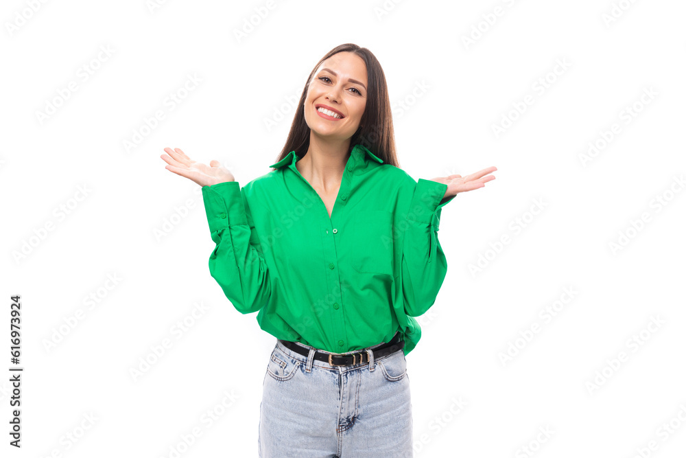 young european brunette woman with brown eyes in green blouse isolated on white background with copy space young european brunette woman with brown eyes in green blouse isolated on white background with copy space