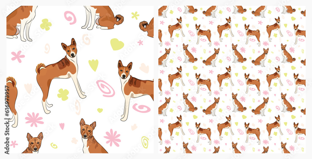 Creative spring pattern with spirals, leaf, flowers, golden retriever dogs. Pastel colors. Elegant, soft seamless background, abstract summer pattern with hand-drawn colorful shapes and Basenji Creative spring pattern with spirals, leaf, flowers, golden retriever dogs. Pastel colors. Elegant, soft seamless background, abstract summer pattern with hand-drawn colorful shapes and Basenji